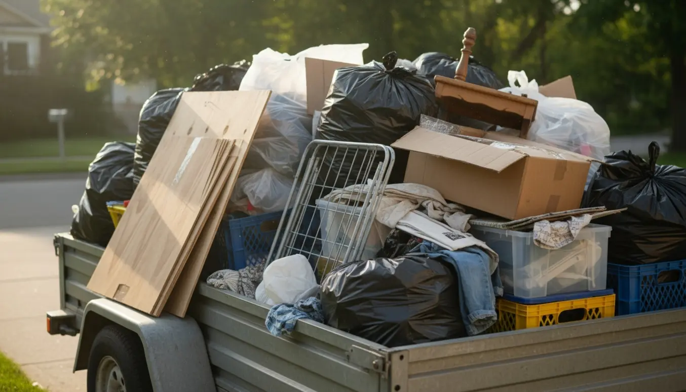Åben trailer fyldt med blandet affald: poser, finerplader, tøjstativ, papkasser og plastik.