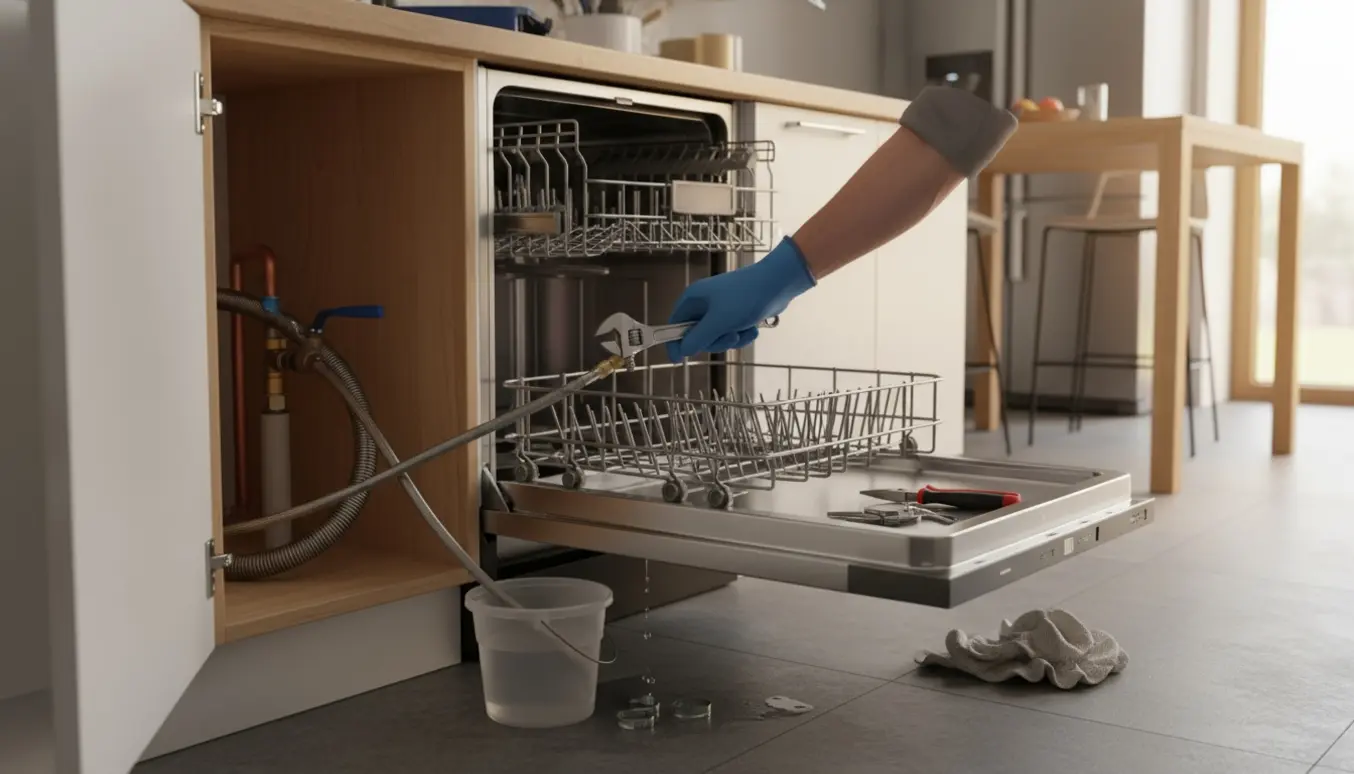 Hænder afmonterer en indbygget opvaskemaskine i et lyst køkken med værktøj og vandtilslutninger synlige.