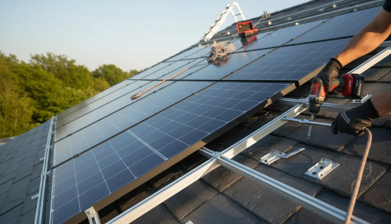 Montage af 22 solpaneler på et skifertag med synlige skinner og beslag.