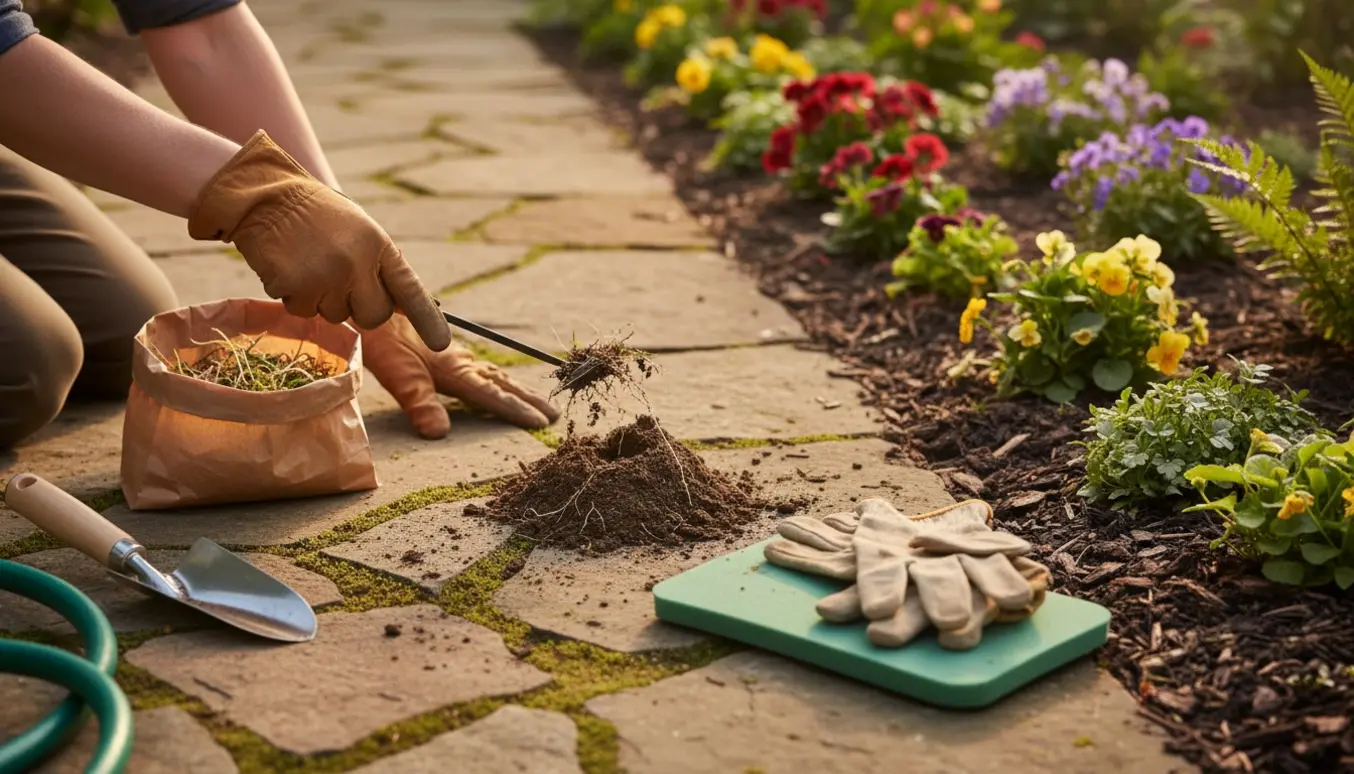 Hænder fjerner ukrudt mellem sten i en havegang ved siden af et blomsterbed i morgenlys.