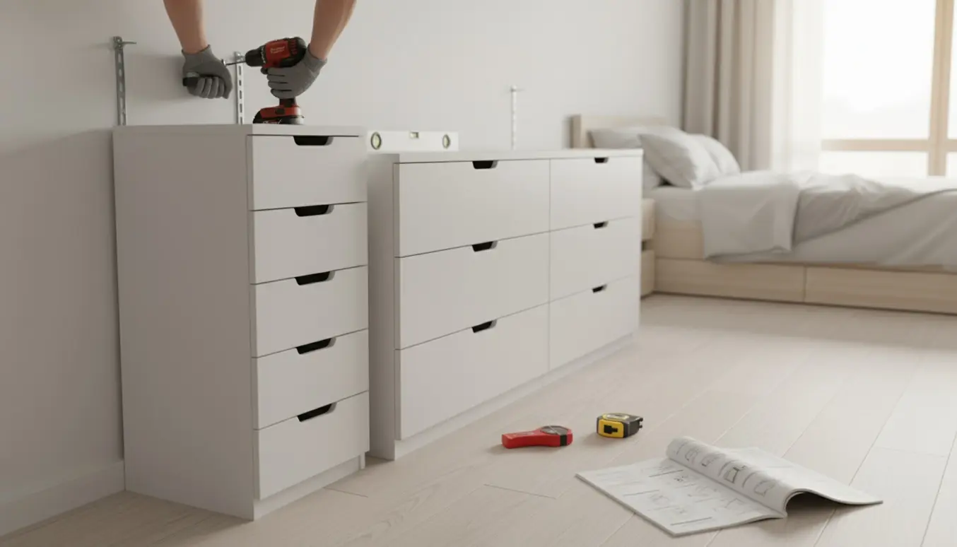 To hvide kommoder (én med fem skuffer, én med seks) monteres sikkert på en soveværelsesvæg med værktøj og vægbeslag.
