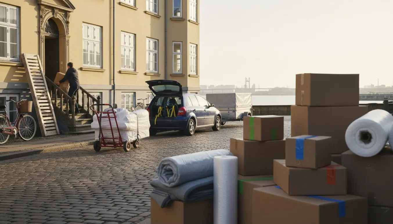 Stabler af flyttekasser og en sofa på sækkevogn ved opgangen med trailer og Københavns silhuet i baggrunden.