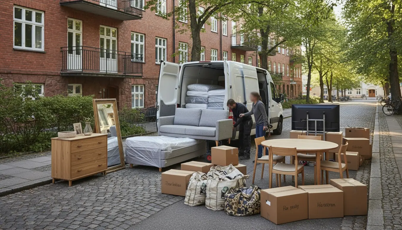 Flyttevogn foran en lejlighed med sofa, senge, kommode, spejl, TV og stabler af flyttekasser under naturligt dagslys.