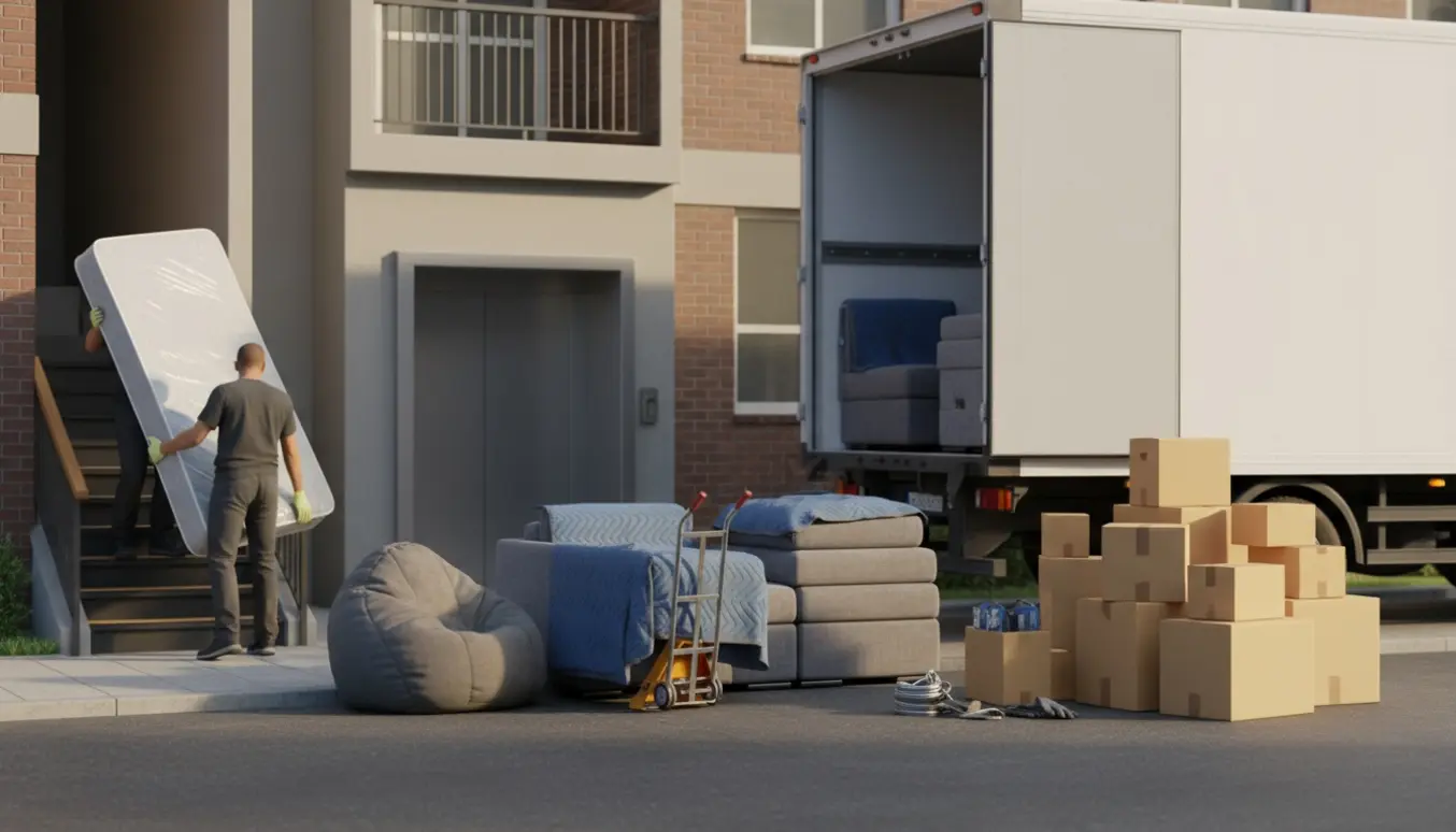 Flyttefolk og en hjælper bærer madras, modulsofa og flyttekasser mod en flyttebil foran en opgang med trappe og åben elevator.