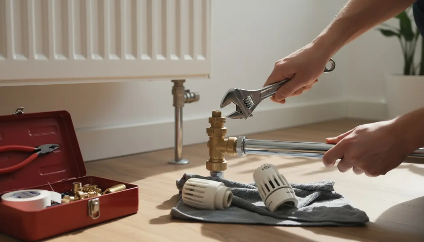 Nærbillede af hænder, der udskifter en termostatventil på en radiator i et lyst, ryddeligt rum.