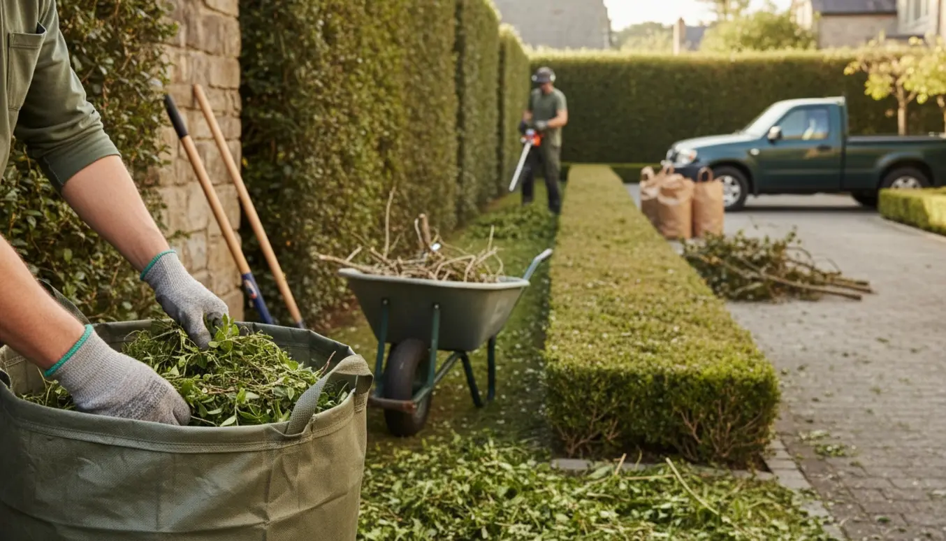 Glovede hænder fylder store haveaffaldssække foran nyklippede hække og en varebil.