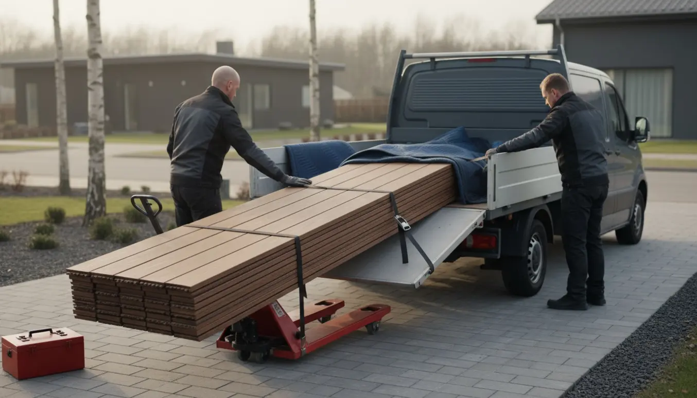 Varebil aflæsser komposit terrassebrædder i en indkørsel, to personer hjælper uden synlige ansigter.