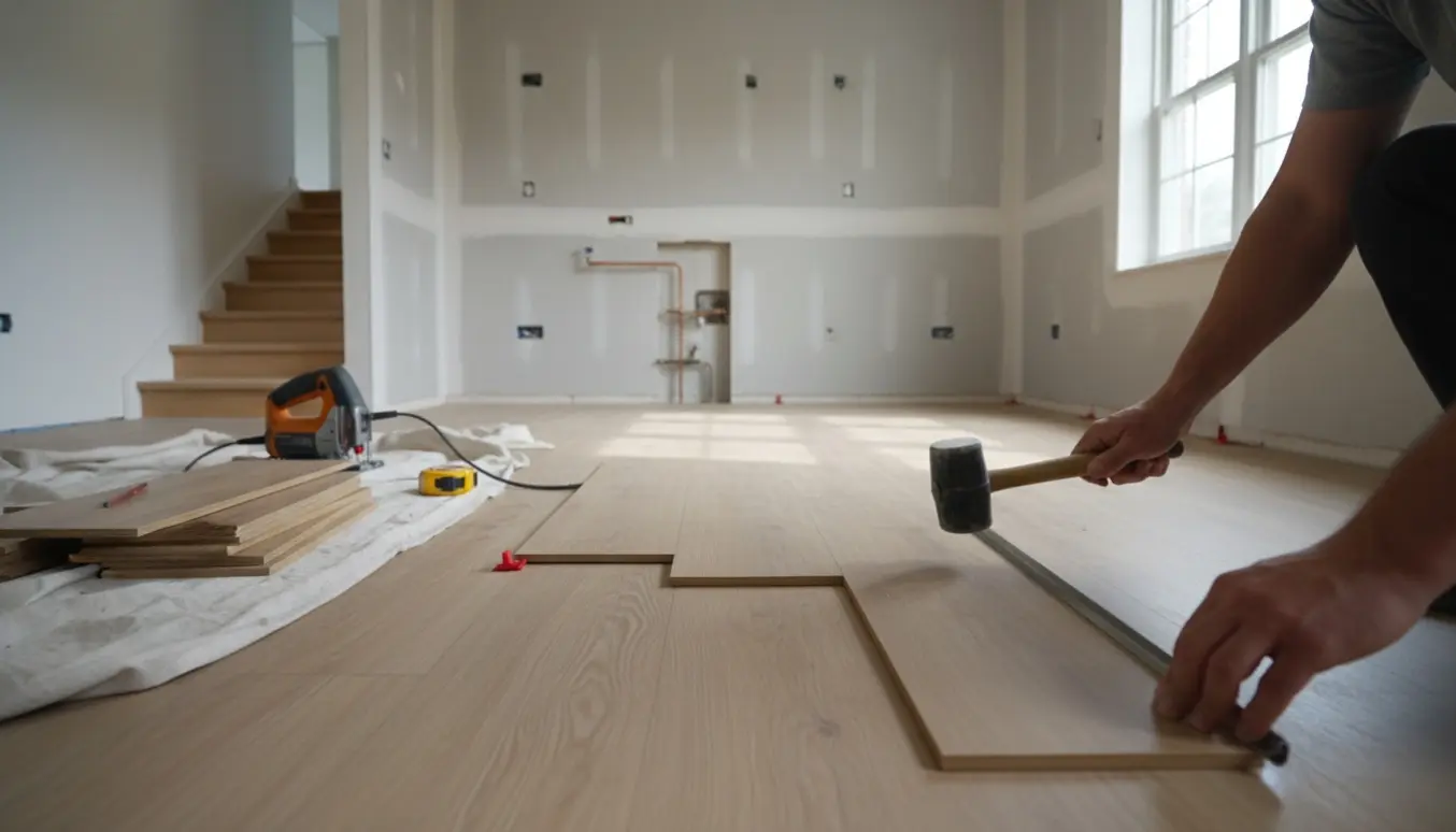 Klik-vinyl lægges i et køkken med fjernede skabe og en trappeåbning.