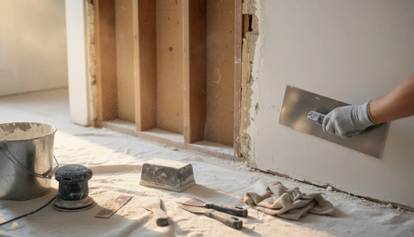 Nærbillede af en døråbning, hvor håndværker udglatter spartelmasse for at forberede til maling.