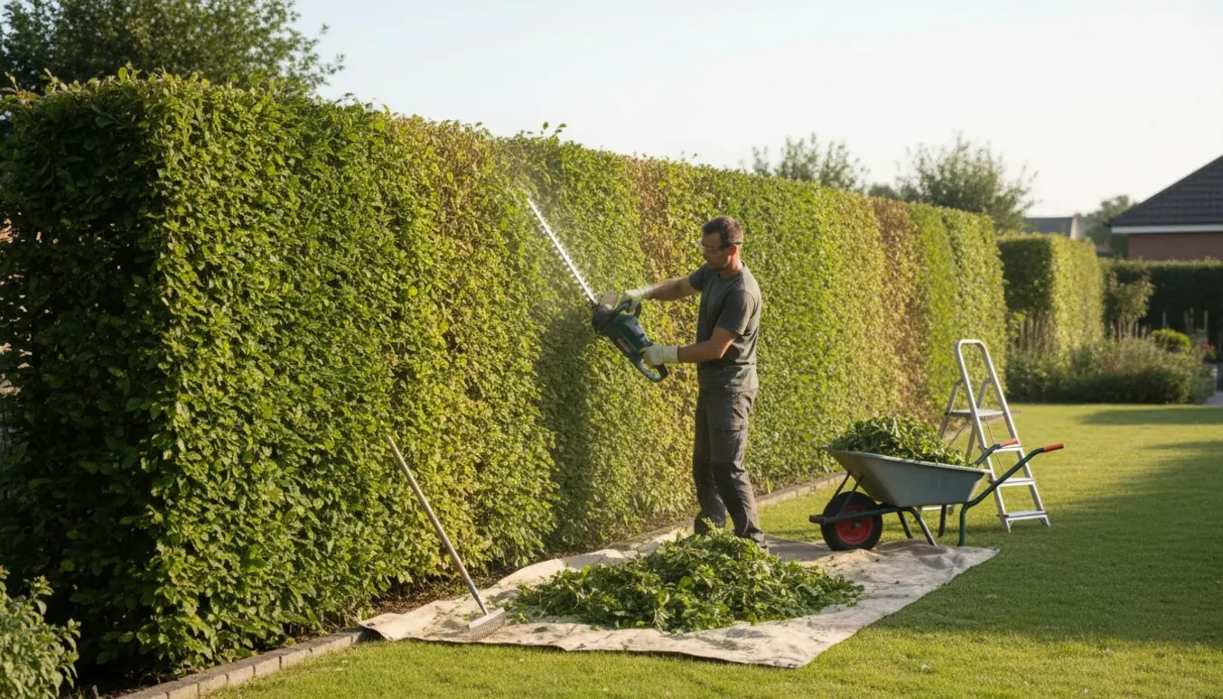 En person trimmer en lang bøgehæk med hækkeklipper, afklip samlet på en presenning.