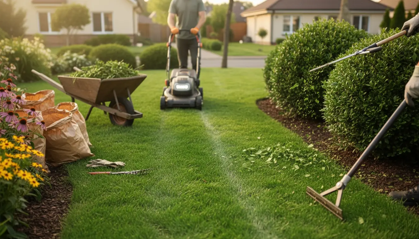 En person ses bagfra med plæneklipper, nyklippede græskanter, hækkesaks og fyldte haveaffaldssække.