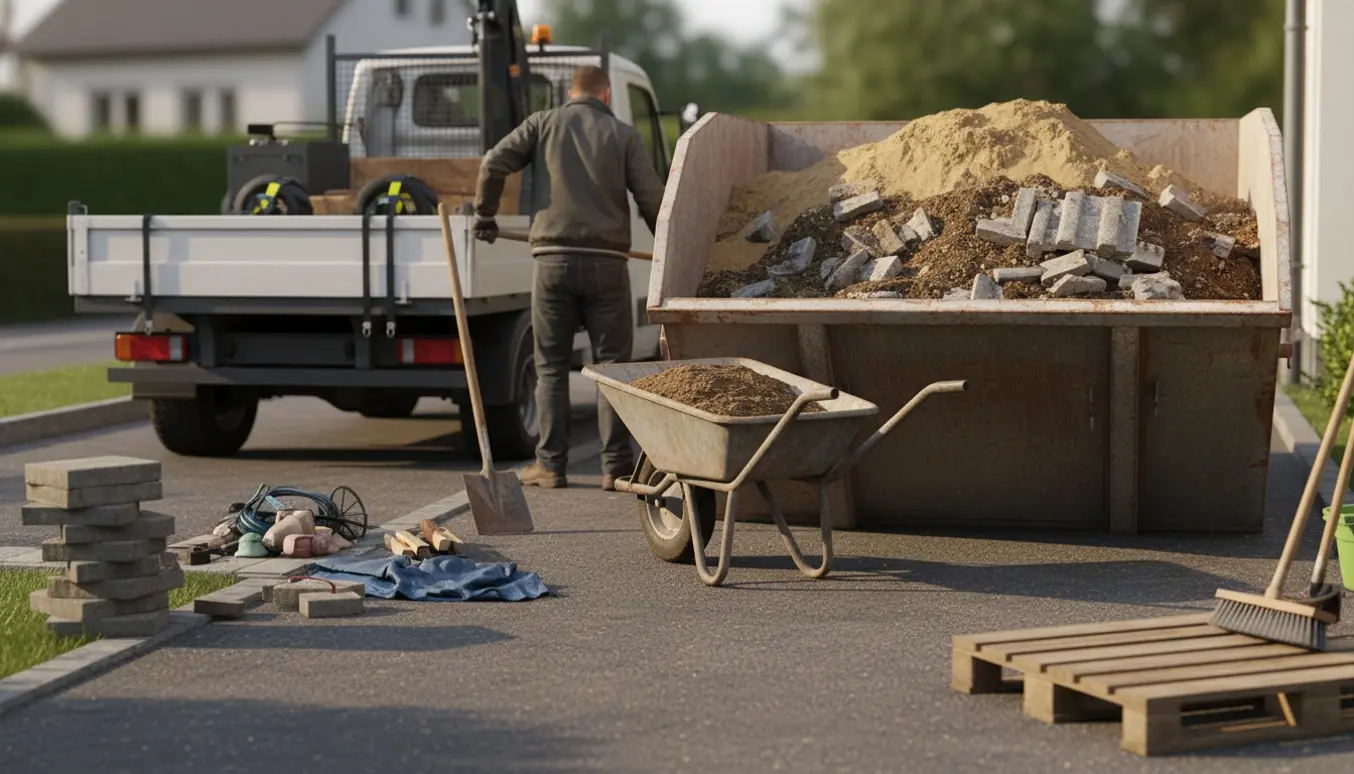 Container fyldt med sand, jord og beton på indkørslen, mens fliser er stablet til side.