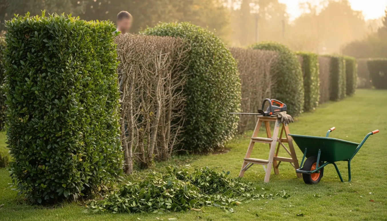 Lang ligusterhæk klippet 30 cm ind og ned til ca. 170 cm med haveredskaber og klippede grene samlet ved siden af.
