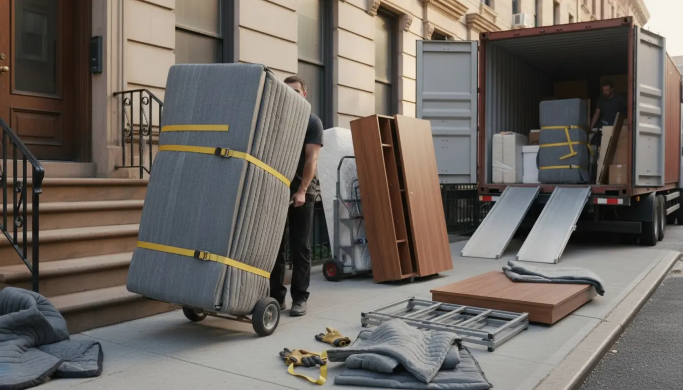 Flyttefolk bærer køleskab og pakket møblement fra en overetagelejlighed til en åben container på gaden.