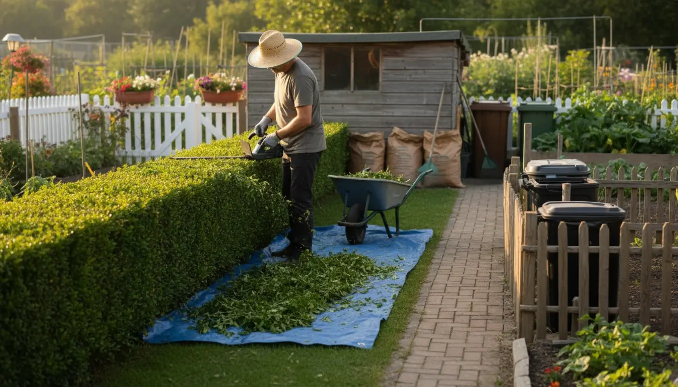 Person klipper en hæk i en kolonihave med opsamlede grene og affaldsområde ved siden af.