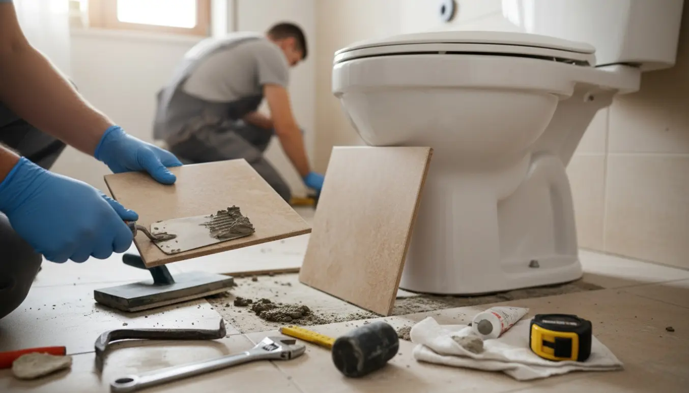 Toilet med en løs flise ved bunden og værktøj klar til reparation.