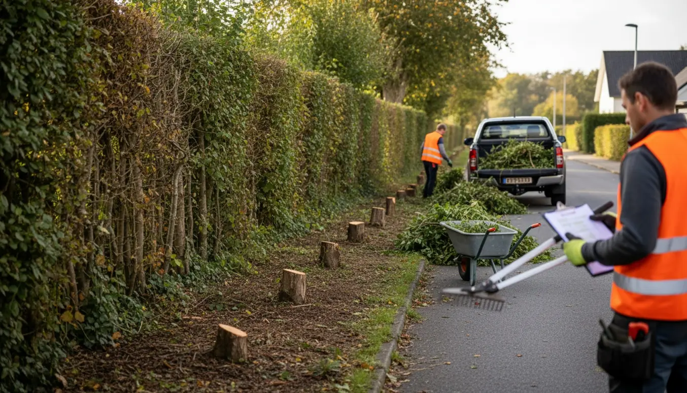 Rydning af et smalt kratstykke i Holte set fra vejen med afskårne buske stablet klar til bortkørsel.