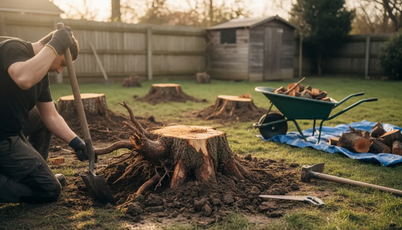 Træstubbe graves op i en have med skovl, arbejdshandsker og trillebør klar til bortkørsel.