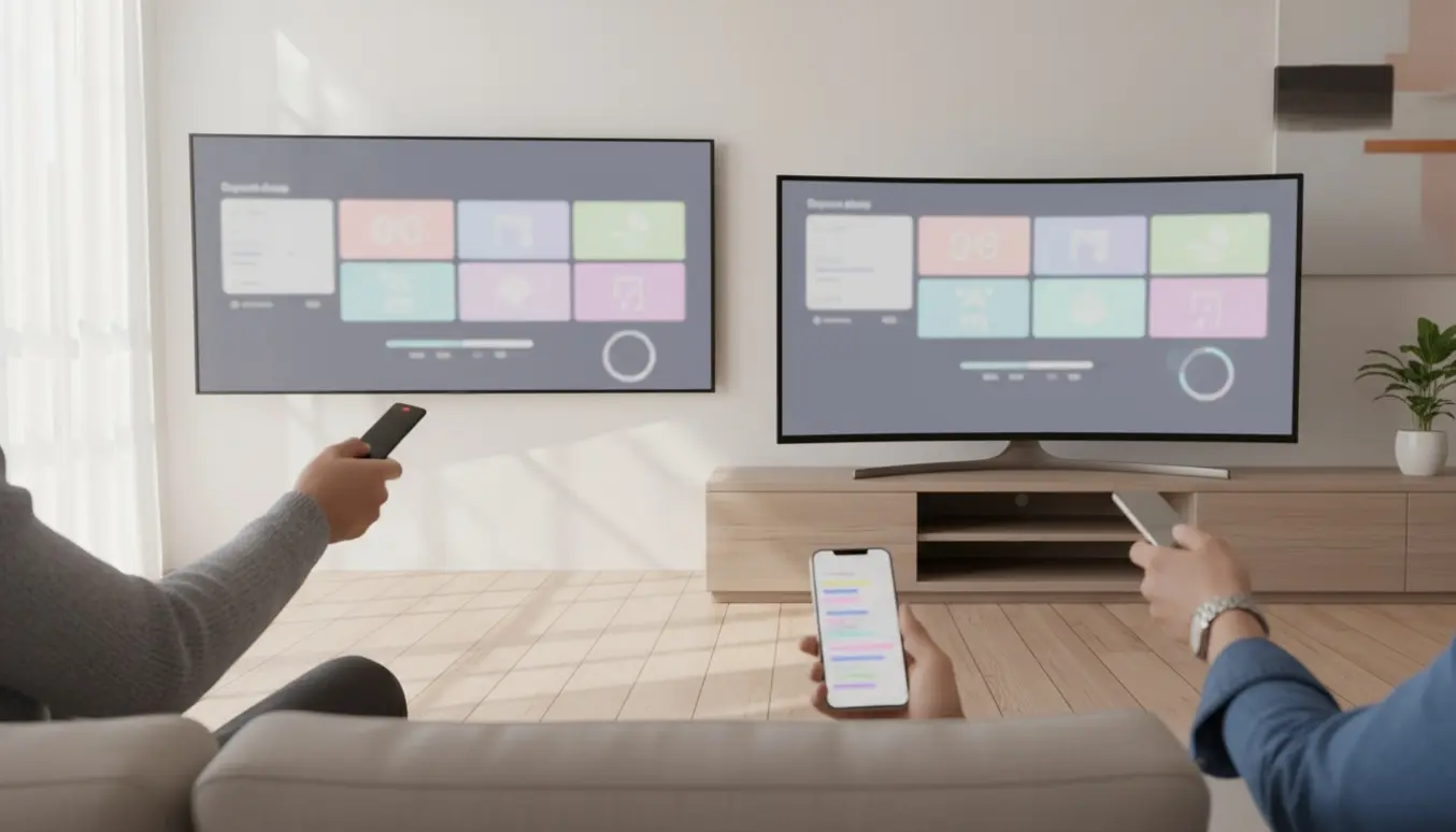 Sony- og LG-smart-tv i en stue, hvor hænder bruger fjernbetjeninger til at hente en app.