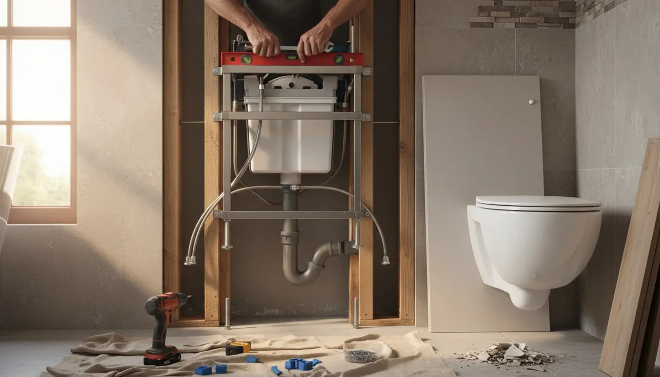 Badeværelse under renovering med en monteret bæreframe til hængetoilet og håndværkerens hænder i arbejde.