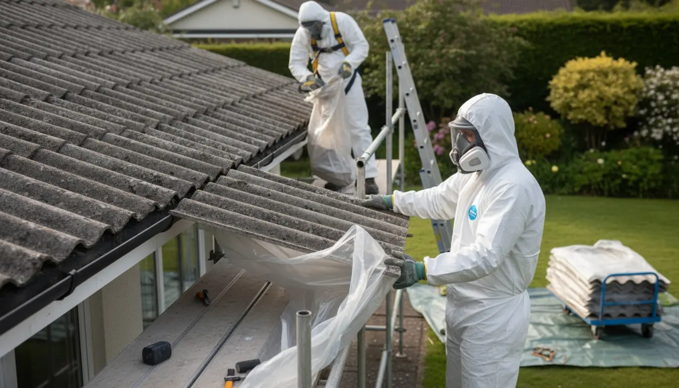 Fagfolk i beskyttelsesdragter fjerner og indpakker et gammelt asbesttag på et lavt, let tilgængeligt hus.