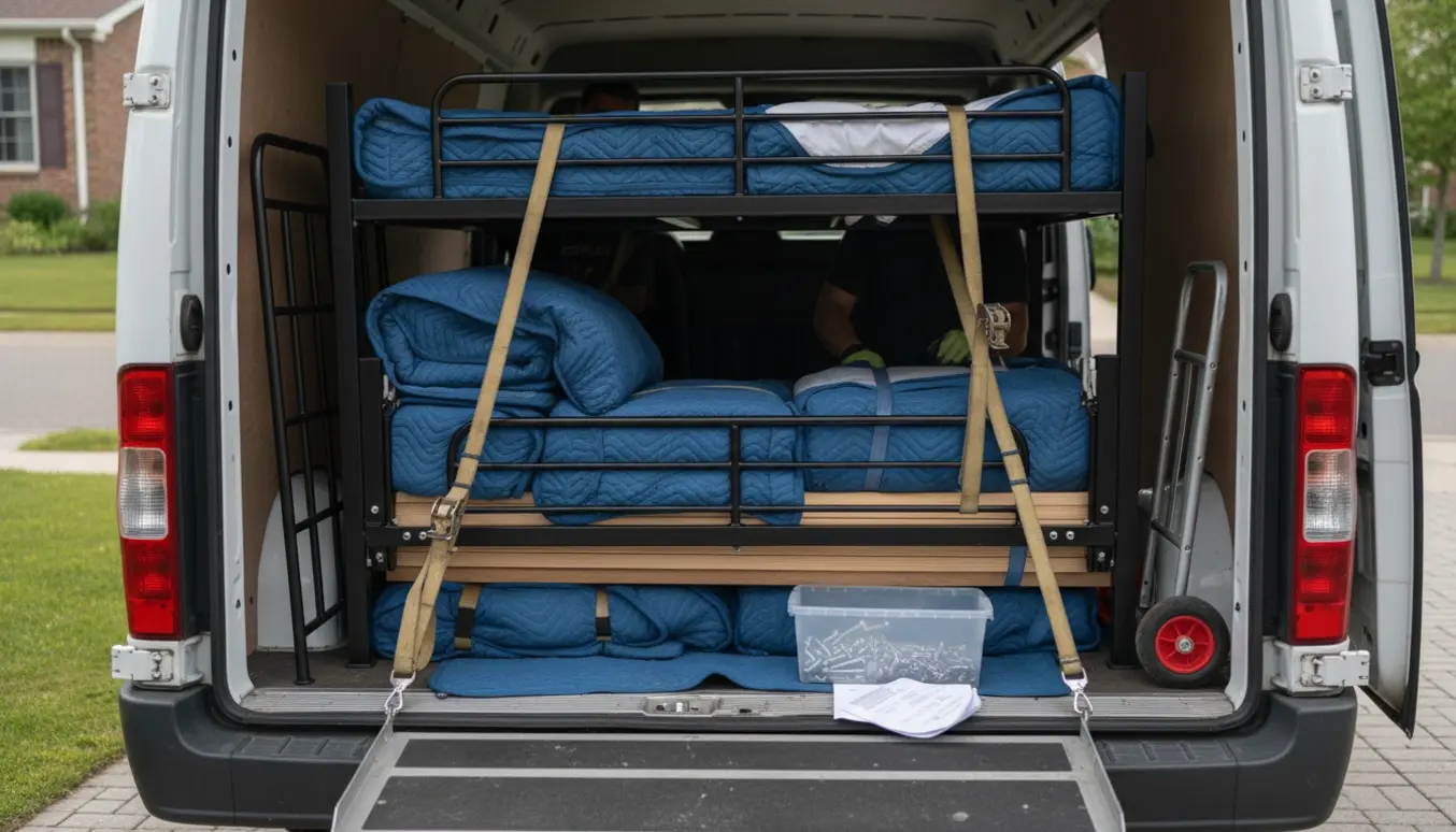 Adskilte sorte metaldele til en stor højseng stablet i en åben varevogn klar til afhentning.