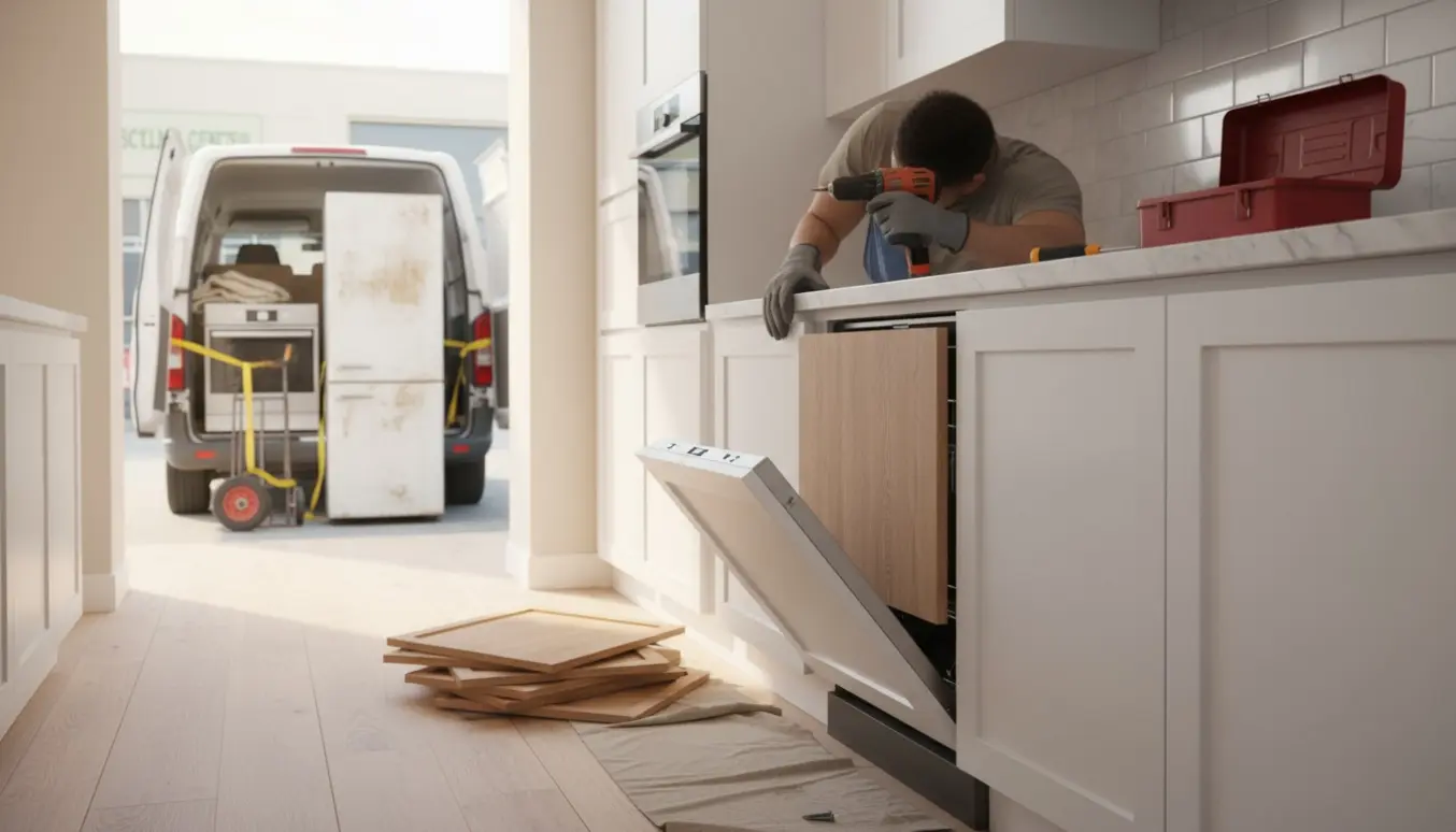 Hænder monterer køkkenfronter på nye indbyggede hvidevarer, mens gamle apparater er læsset i en varevogn klar til genbrug.