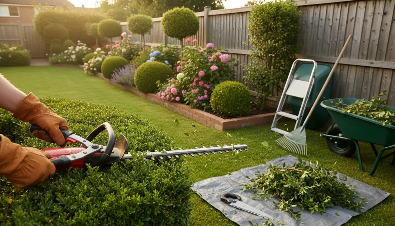 En person beskærer en hæk og ordner bede med hækklipper og beskæresaks i en solrig have.