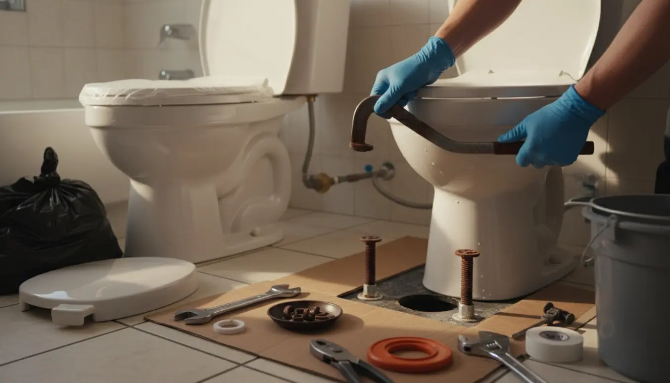 Nyt toilet klar til installation mens et gammelt, tilstoppet toilet fjernes i et lyst badeværelse.