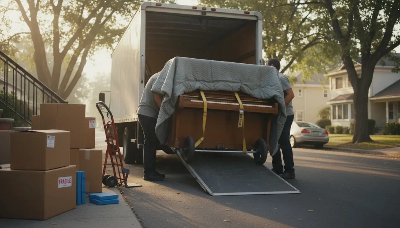 Et lille opretstående klaver (pianette) bliver forsigtigt læsset på en flyttevogn med tæpper og trillebør.