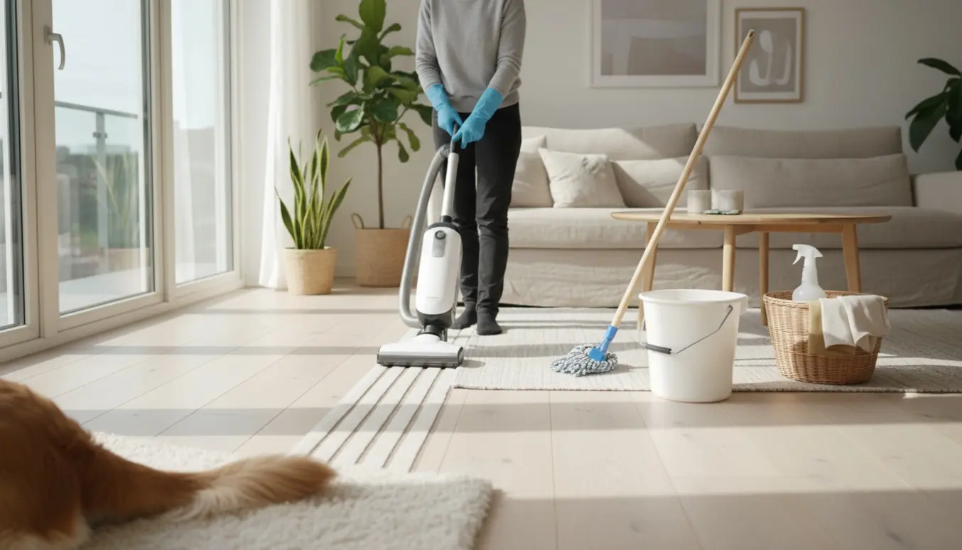 Rengøringsperson støvsuger lyst trægulv i skandinavisk stue, mens en hund sidder med ryggen til.