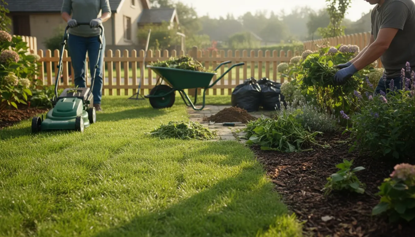 Forhave med græsslåning og lugning, haveredskaber og fyldte affaldsposer klar til bortskaffelse.