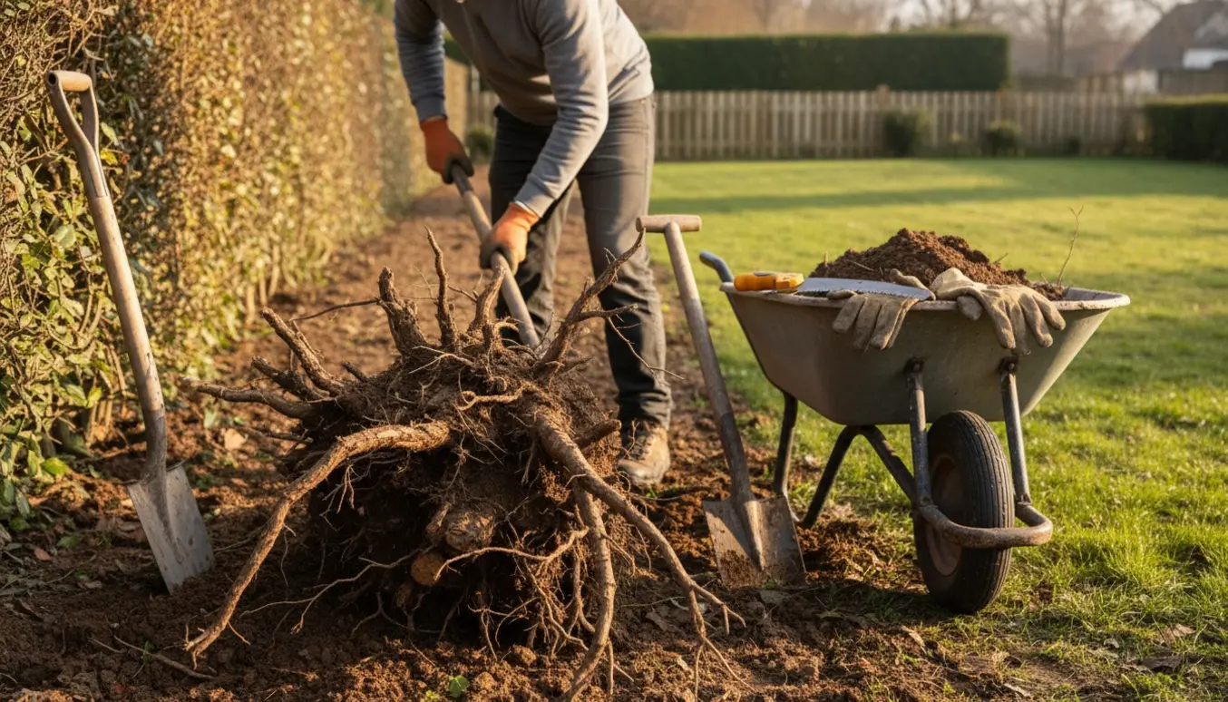 En havearbejder fjerner rødder og stubbe fra en gammel hæk med skovl og trillebør, ansigtet vendt væk.