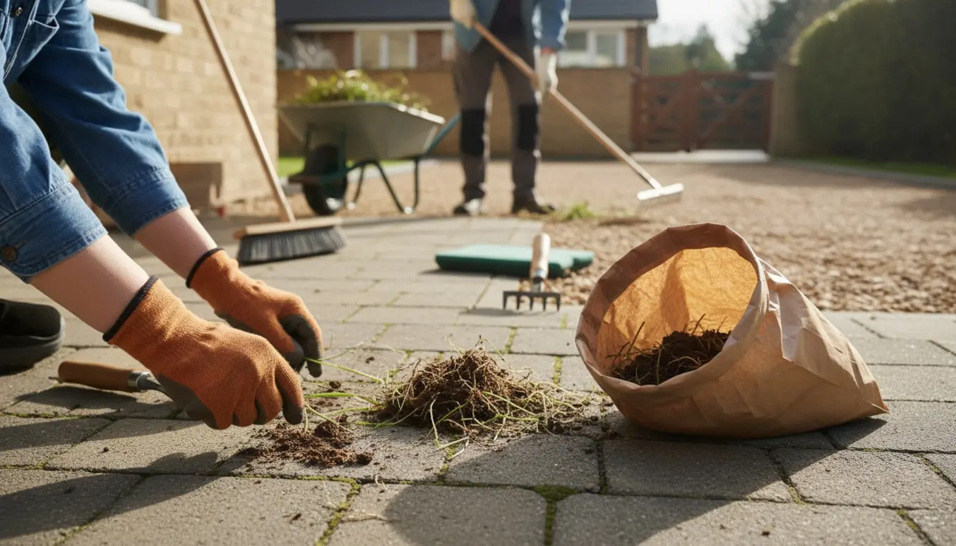 Nærbillede af handsker, der fjerner ukrudt mellem fliser på en terrasse med gruset indkørsel i baggrunden.