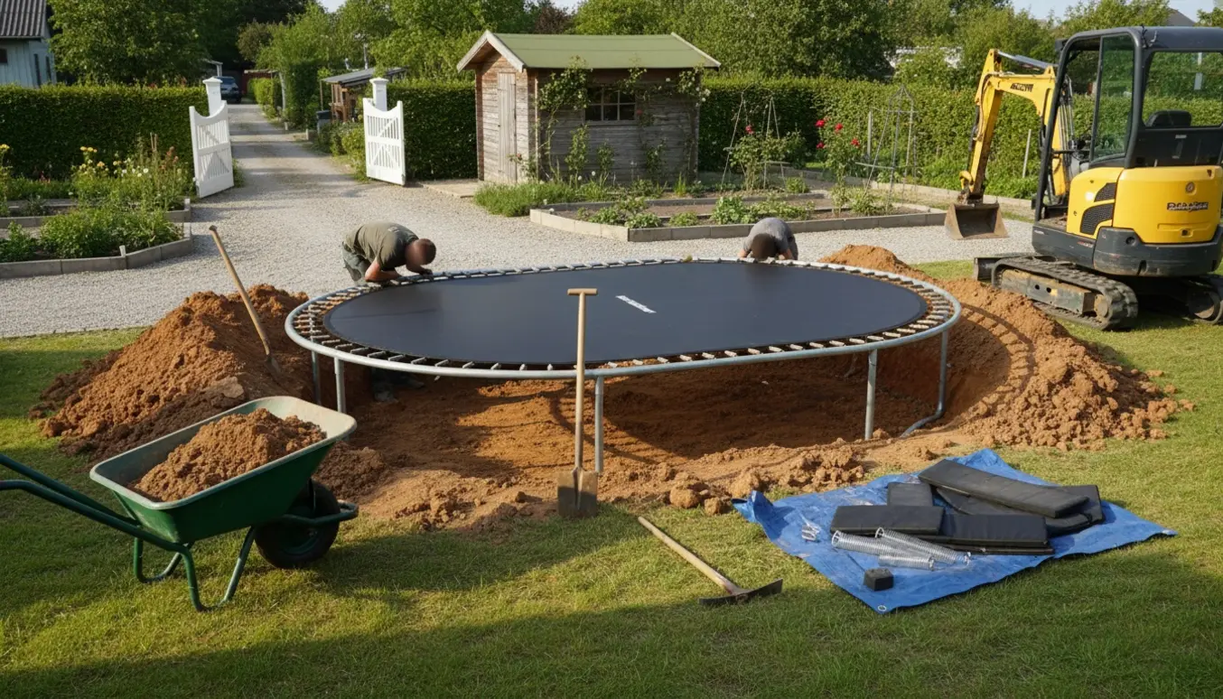 Halvt nedgravet oval trampolin i en kolonihave med jordbunker, skovle og en grussti til haven.