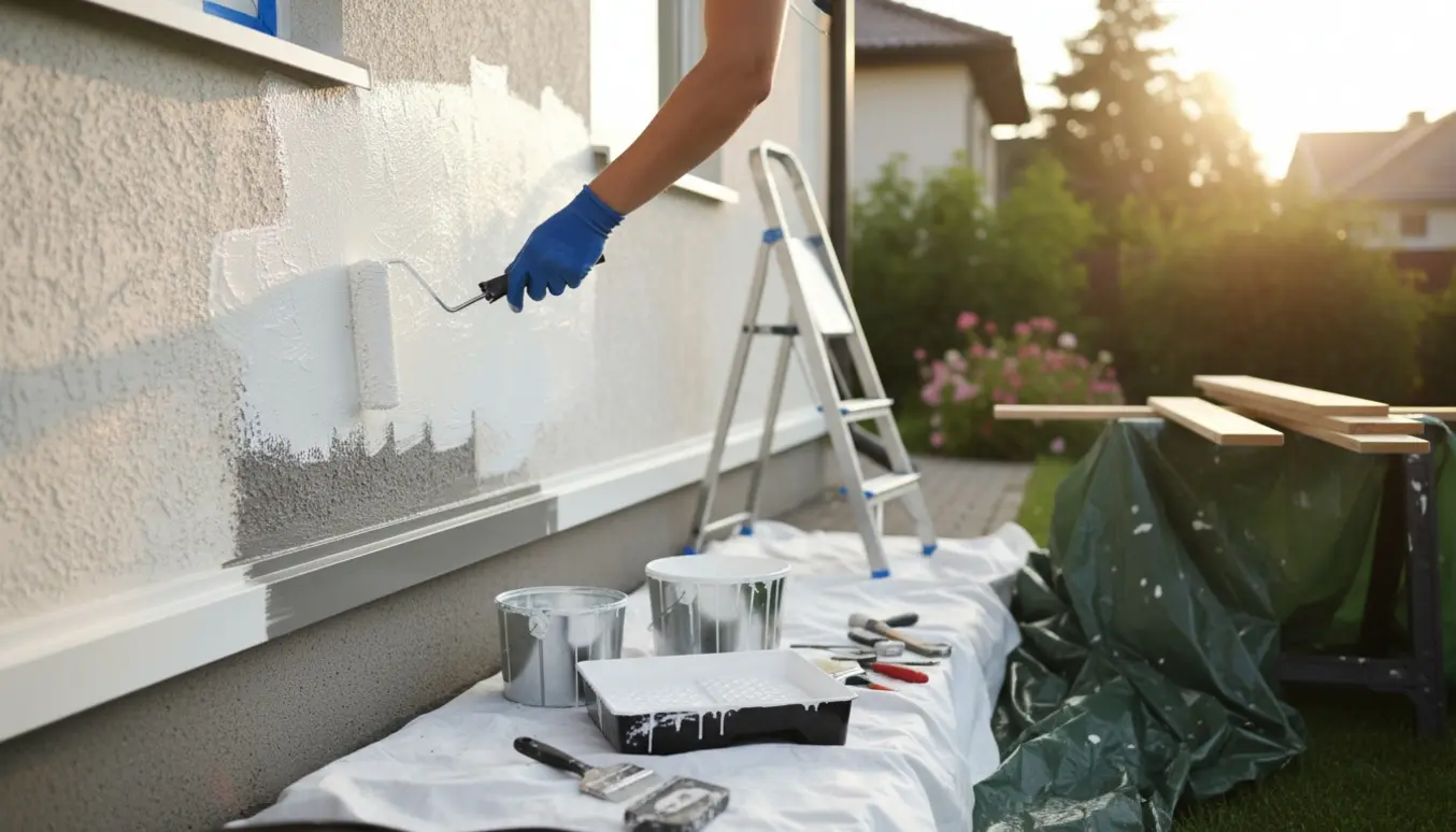 Nærbillede af hænder, der maler husets facade, sokkel og træværk med rulle og pensel.