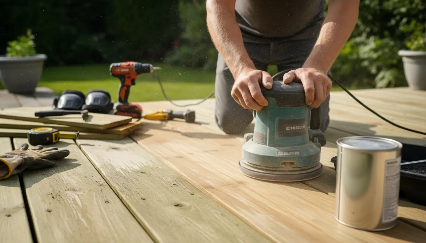 Nærbillede af slibning af trykimprægneret træterrasse med en excentersliber, klar til oliering.