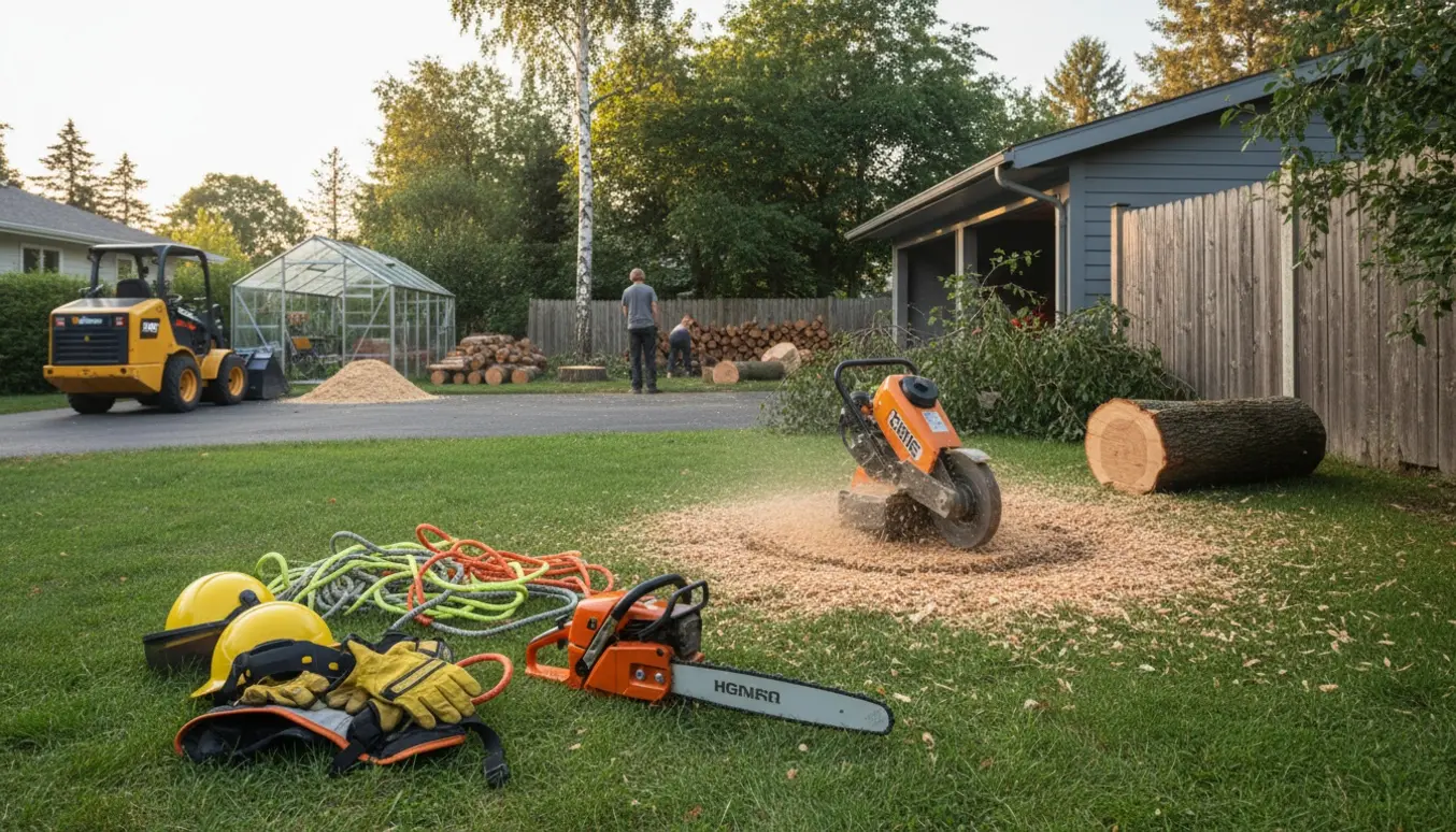 Stubbefræser og bobcat ved fældede træer med skåret birk stablet som brænde i haven.