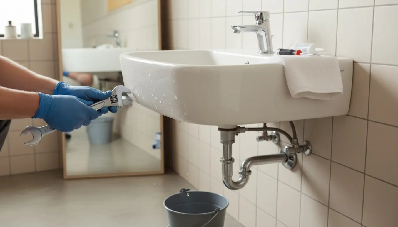 En vægmonteret toiletvask hælder ud fra flisevæg, mens hænder strammer beslag under vasken.