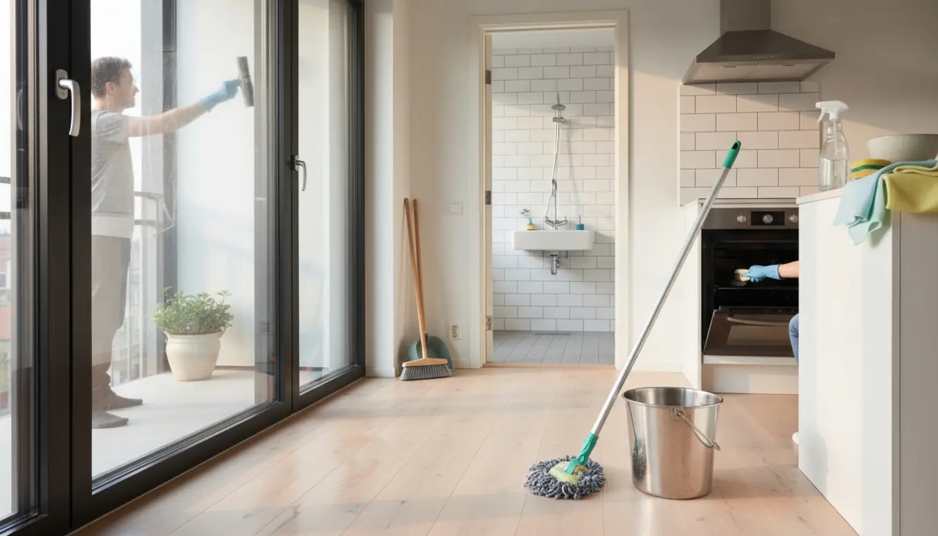 Rengøring i en moderne lejlighed med handsker, moppe, vinduesskraber, åben ovn og et skinnende badeværelse.