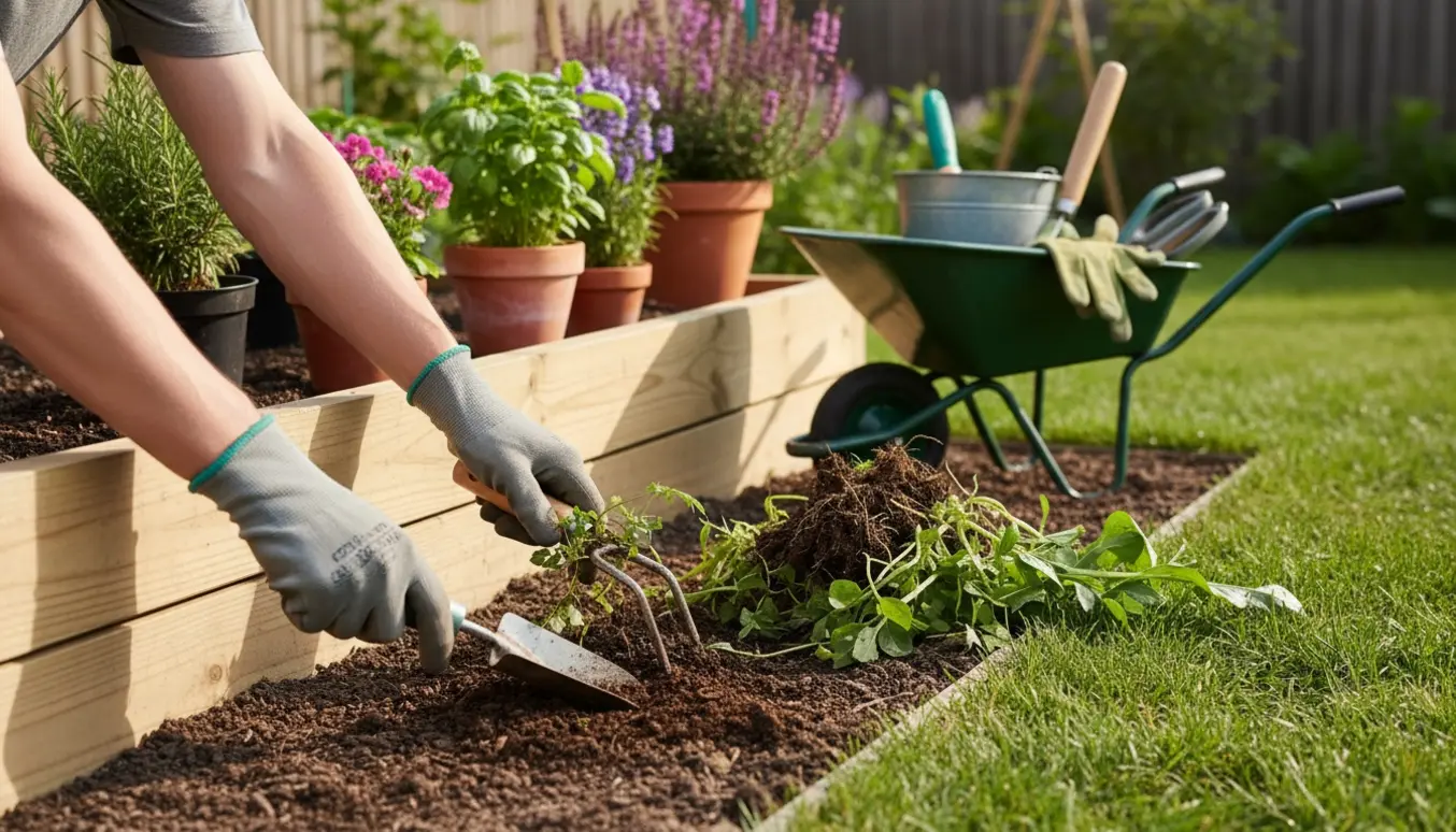 Hænder i havehandsker trækker ukrudt op i en lille velplejet baghave med haveredskaber og en skovl ved siden af.