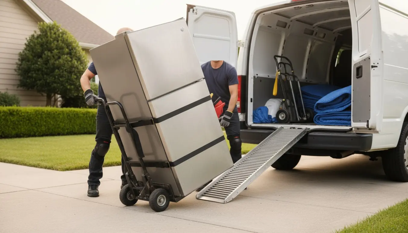 To flyttemænd læsser et brugt køleskab ind i en hvid varevogn i en villadriveway.