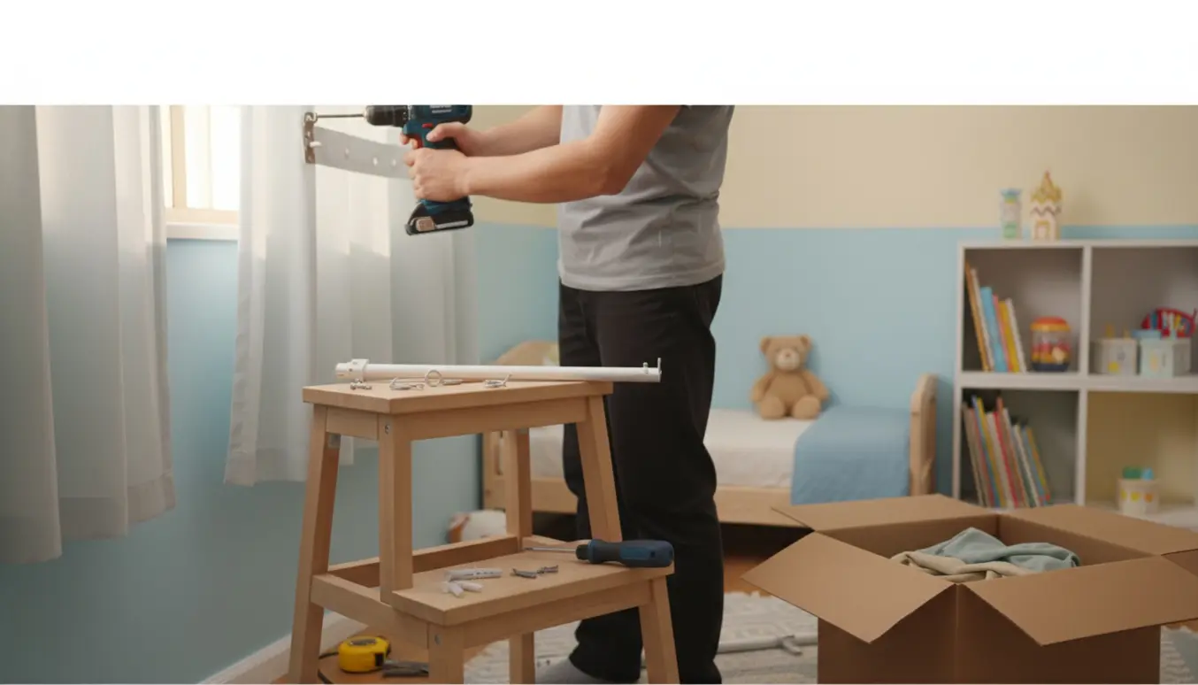 Opsætning af gardin i et solbelyst børneværelse med værktøj og ubranded gardinstang.