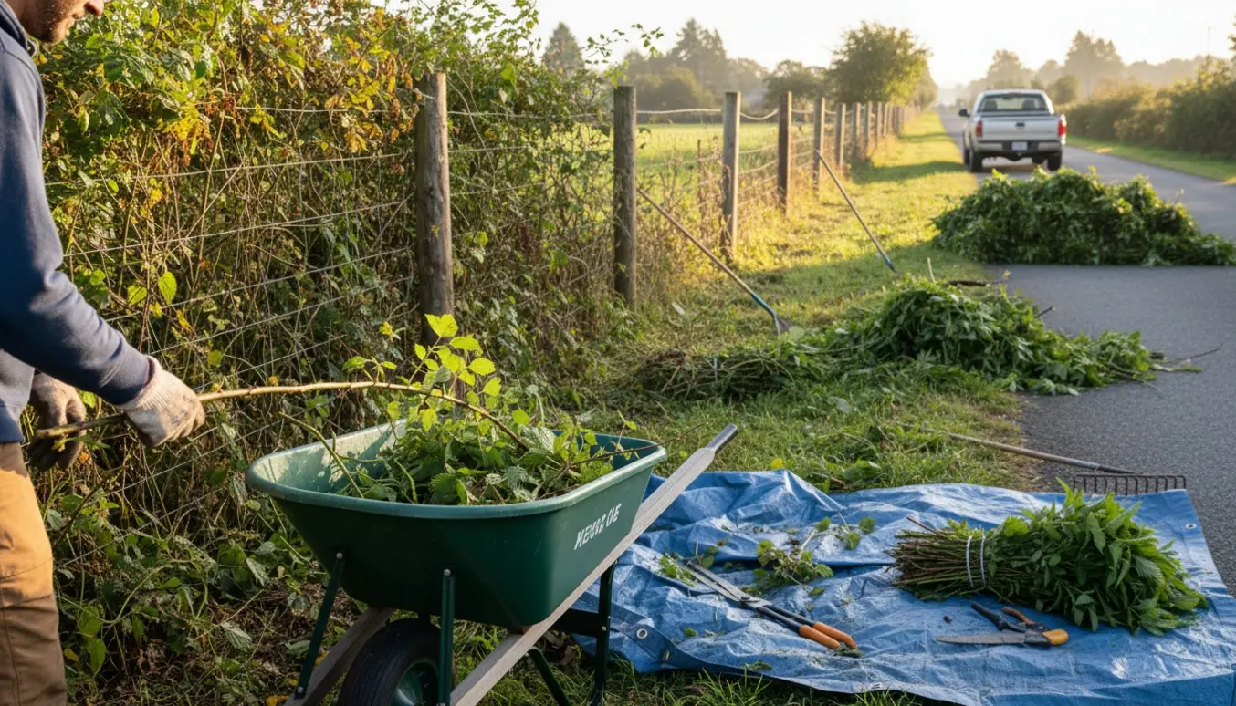 Gloveklædte hænder lægger afklip fra roser, torne og brændenælder i en trillebør ved et hegn klar til bortkørsel.
