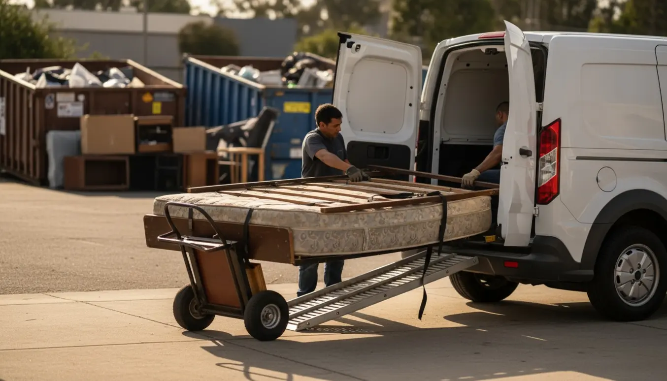 En seng og madras læsses fra indkørsel ind i en varevogn ved en genbrugsplads.