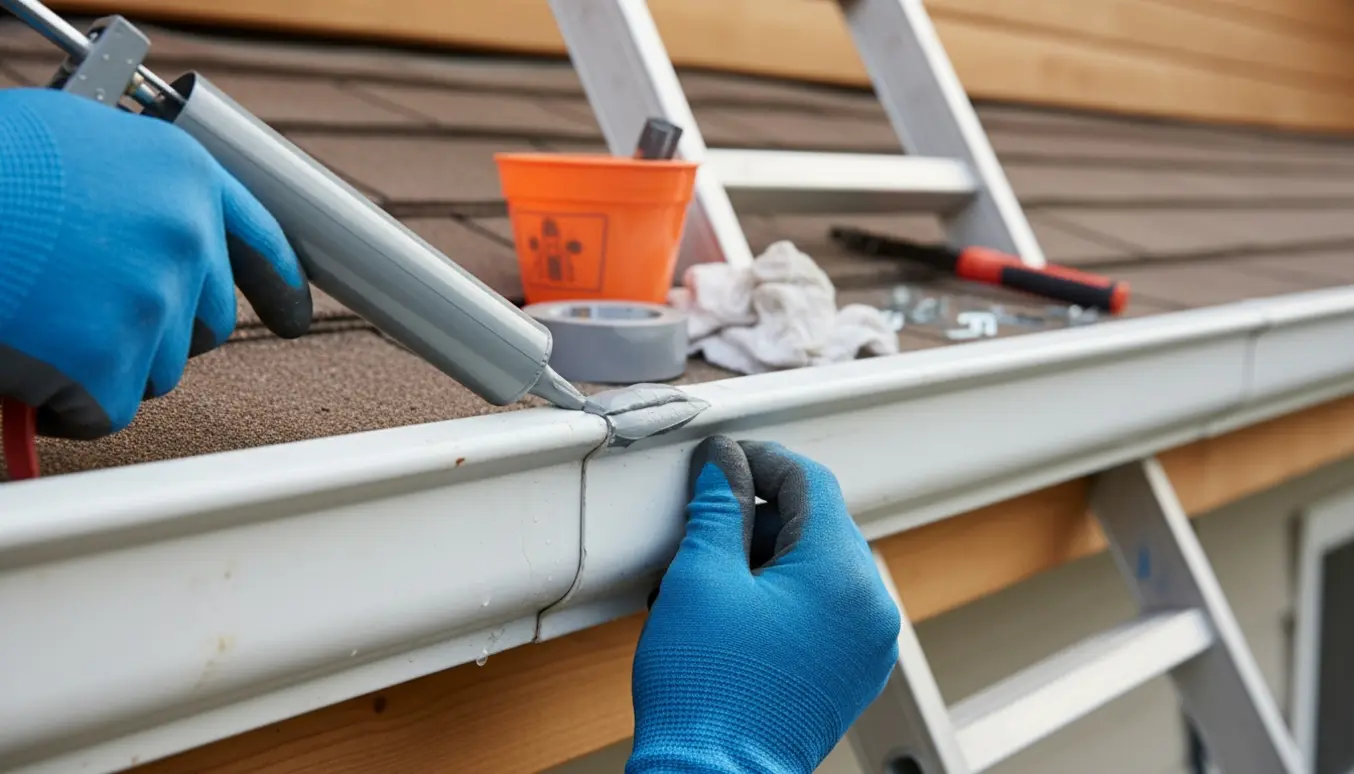 Nærbillede af hænder, der tætner to samlinger på en tagrende med fugepistol.