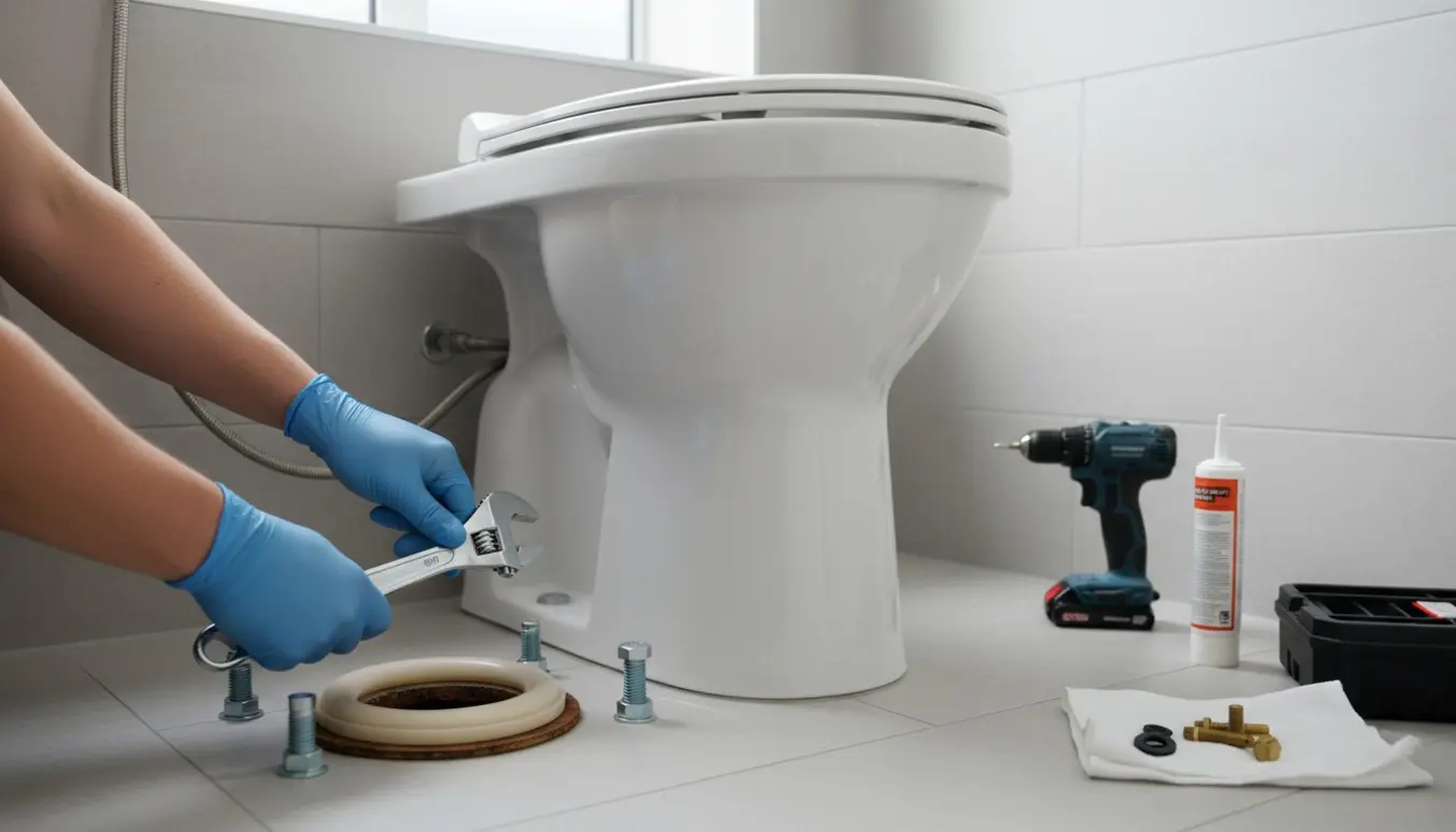 Håndværker monterer nyt toilet i lyst badeværelse med værktøj og tætning klar.