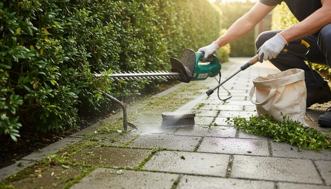 Hæk trimmes og ukrudt fjernes mellem fliserne på en solrig havegang.