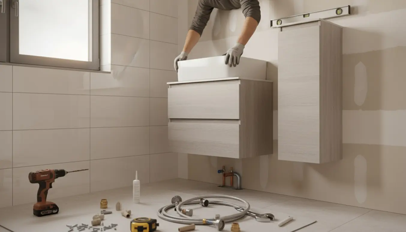 Væghængt hvidt skuffemøbel og højt smalt badeværelsesskab monteres i et lyst sommerhusbadeværelse, kun hænder synlige.