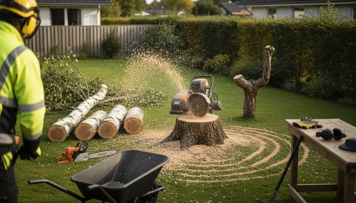 Fældning og rodfræsning af birk og æbletræ i en parcelhushave med friske flis og værktøj.